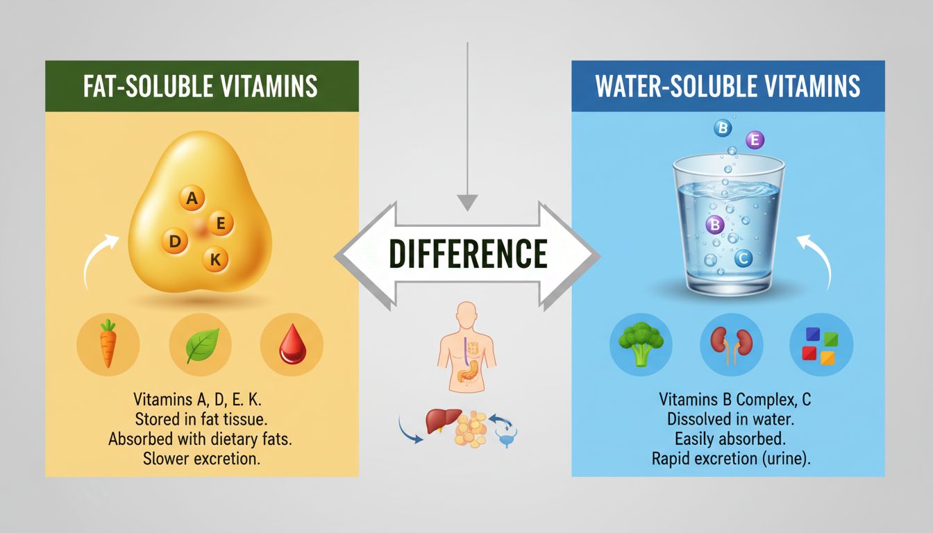 지용성 비타민과 수용성 비타민의 차이를 시각적으로 설명하는 인포그래픽 이미지