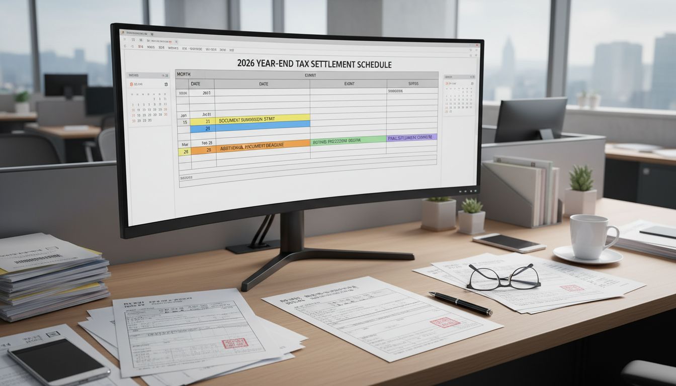 2026년 연말정산 주요 일정과 변경 사항을 보여주는 사무실 컴퓨터 화면과 일정표 이미지