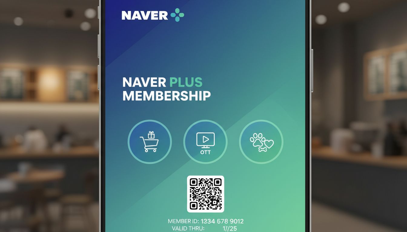 네이버 플러스 멤버십을 상징하는 디지털 멤버십 카드 이미지로 쇼핑, OTT, 펫 혜택 아이콘 포함