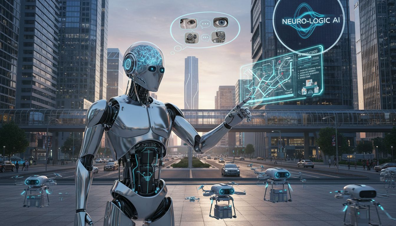 미래 도시에서 시각-언어-행동 능력을 가진 피지컬 AI 로봇이 환경과 상호작용하는 모습