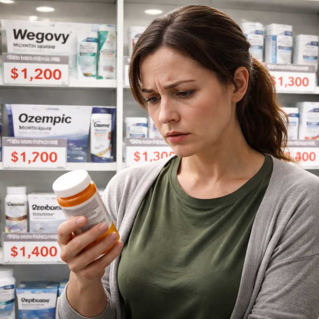 2026년 비만 치료제 구하기 어려움을 상징하는 사람이 약병을 바라보는 장면