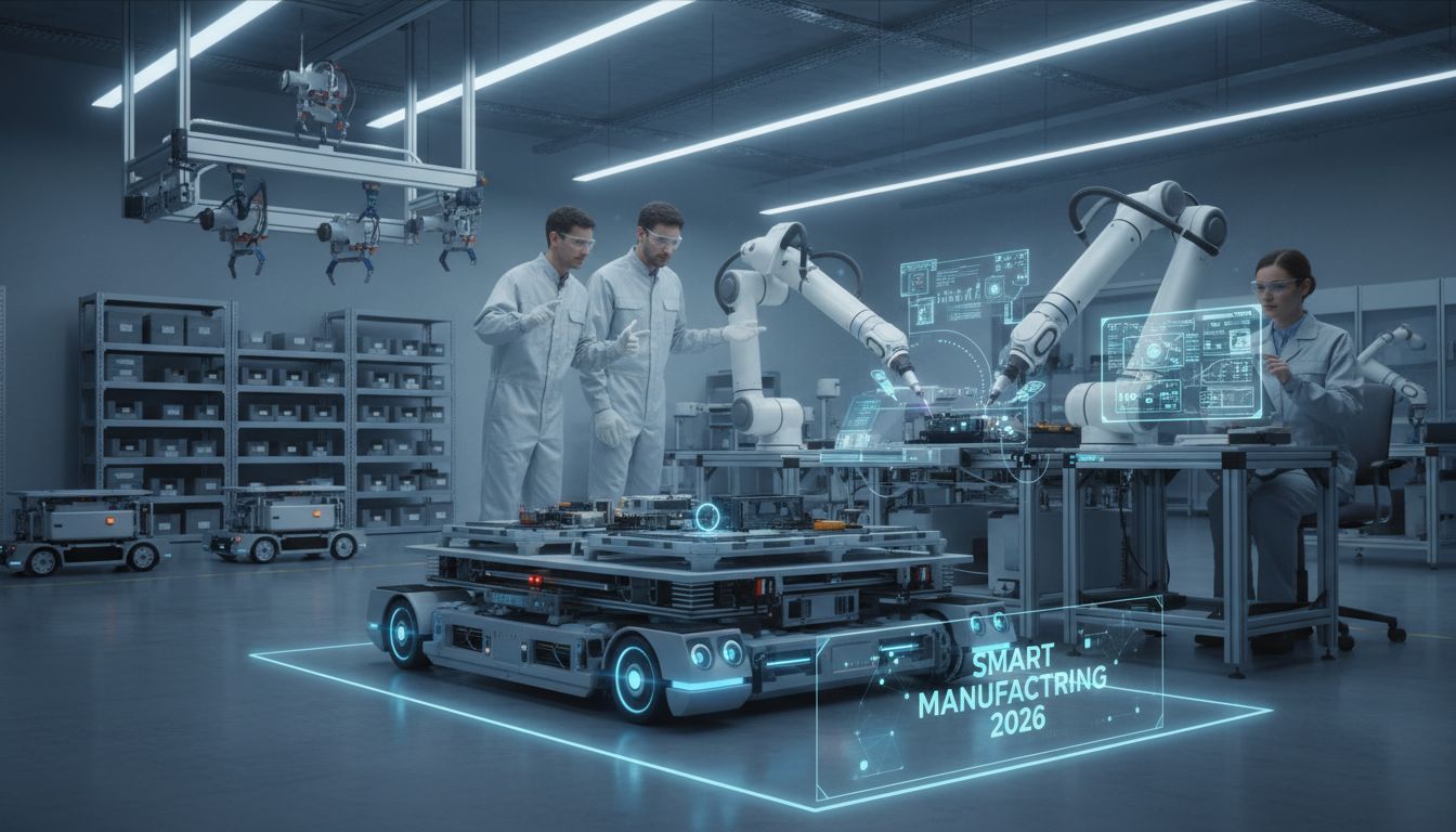 2026년 AI가 탑재된 자율이동로봇과 협동로봇이 인간 작업자와 함께 산업 현장에서 작업하는 모습