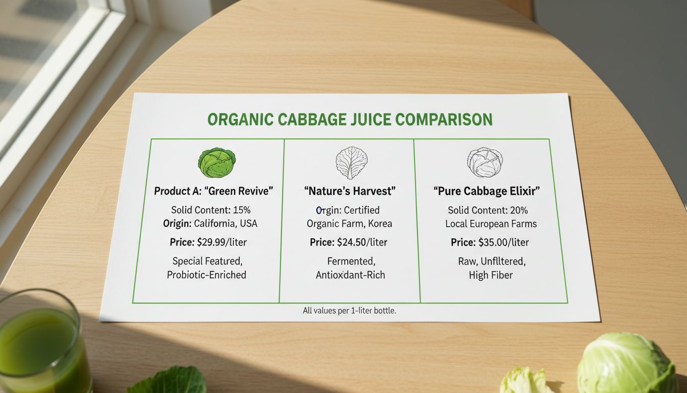 유기농 양배추즙 3종 비교표를 한눈에 볼 수 있는 깔끔한 차트 이미지