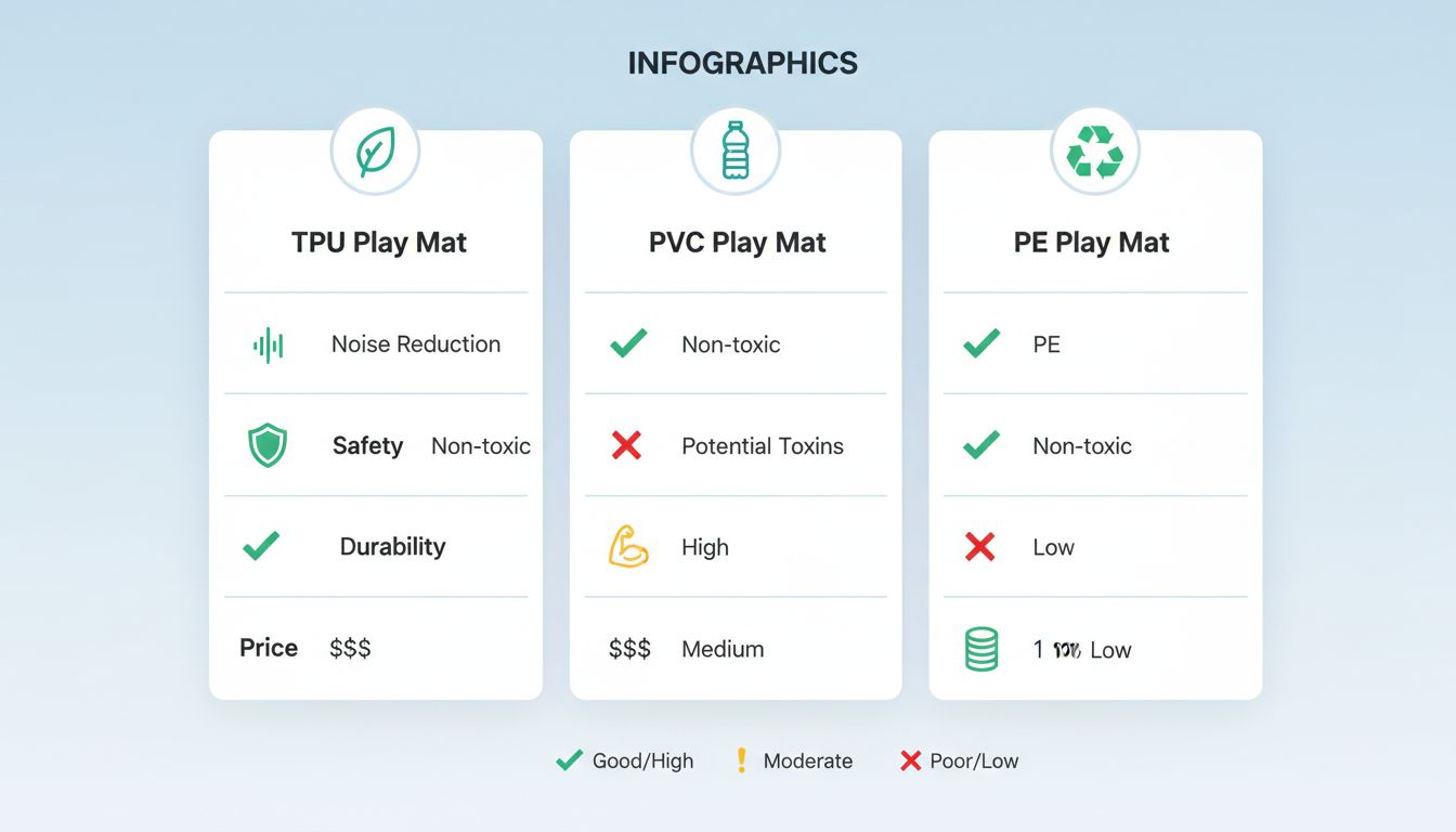 TPU 매트, PVC 매트, PE 매트의 층간소음 저감, 안전성, 내구성, 가격대를 비교하는 인포그래픽 이미지