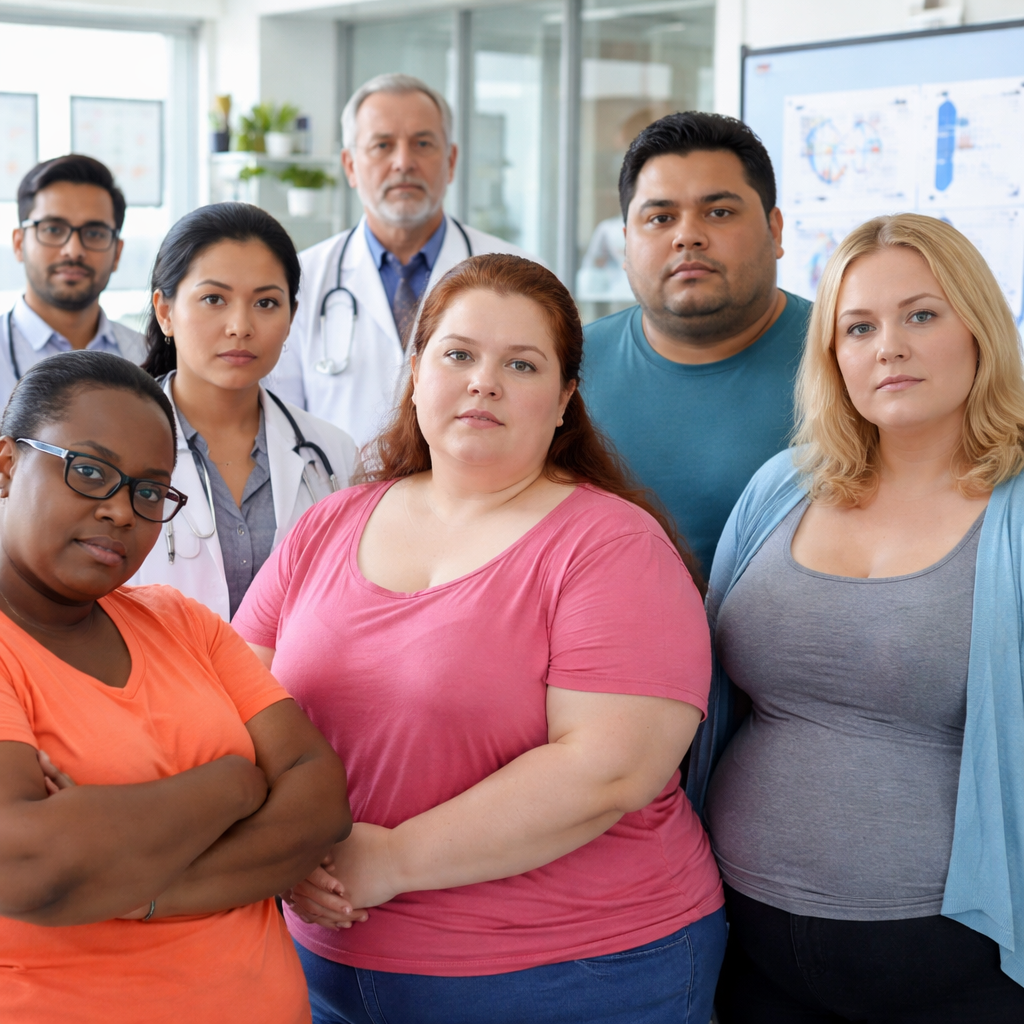 비만이 단순한 개인 의지 문제가 아닌 복잡한 의학적 질병임을 표현하는 다양한 체형의 사람들 이미지