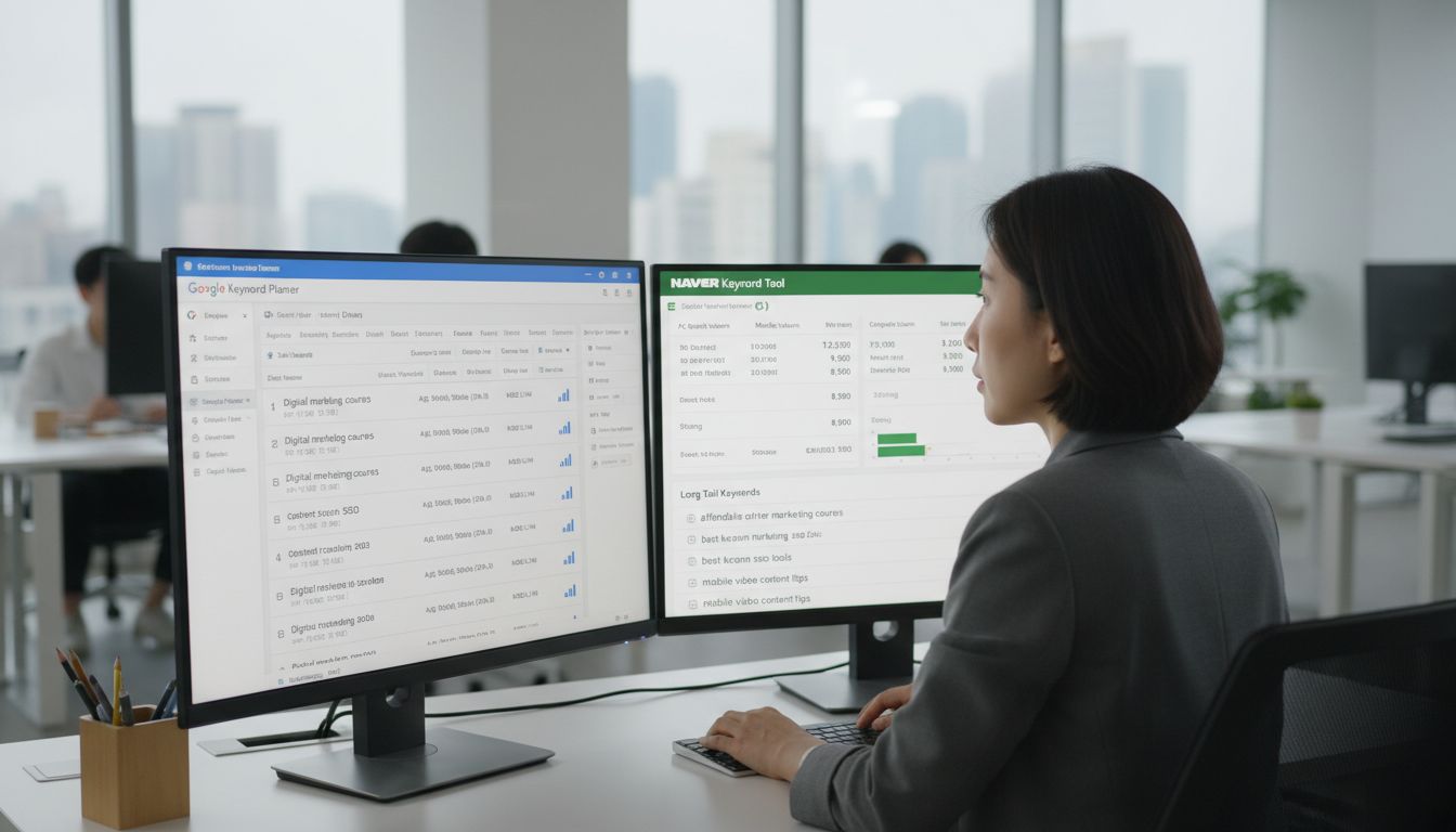 전문 마케터가 구글 키워드 플래너와 네이버 키워드 도구의 핵심 기능 비교 데이터를 동시에 분석하는 모습