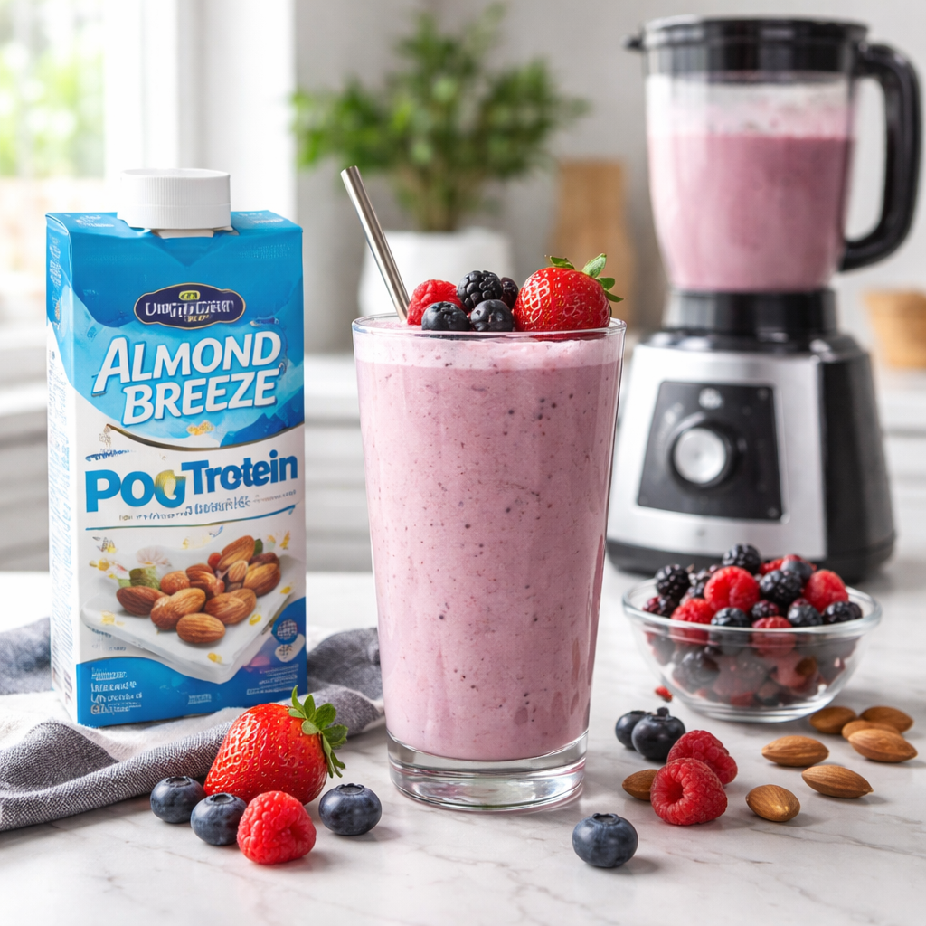 아몬드브리즈 단백질 셰이크와 믹스 베리가 함께 있는 아침 식사 이미지