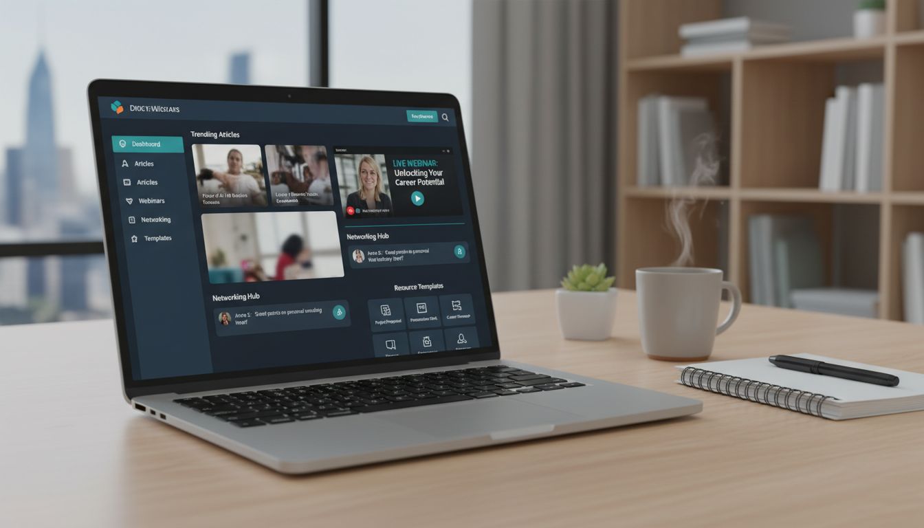 커리어 발전을 위한 콘텐츠 구독 서비스의 실용적이고 인터랙티브한 기능을 보여주는 전문 작업 공간 이미지