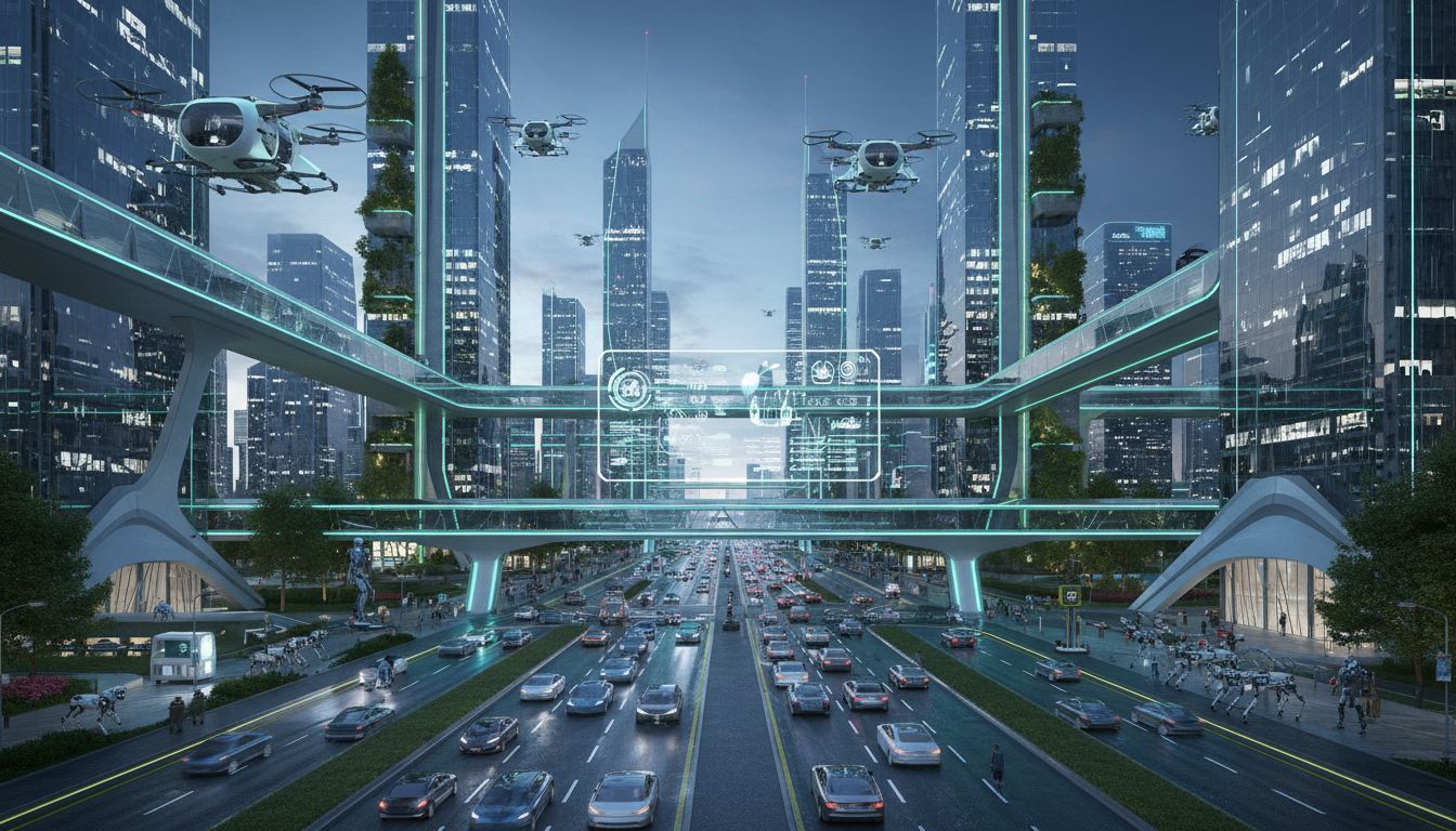 현대차와 보스턴 다이나믹스의 스마트 모빌리티 솔루션을 보여주는 미래 도시 전경