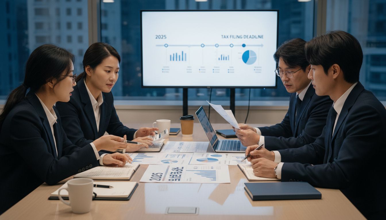 직장인들이 2025년 연말정산 준비를 위해 서류와 차트를 보며 토론하는 모습