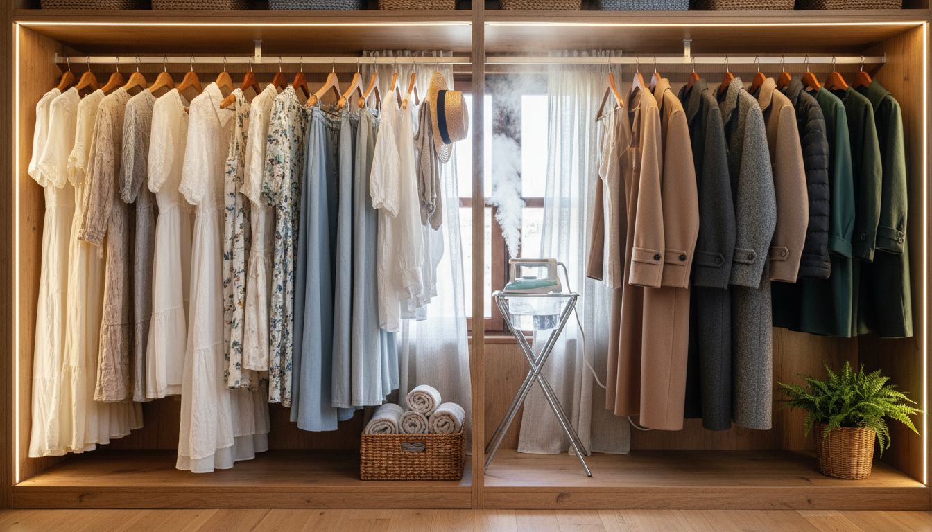 면과 린넨으로 된 여름옷과 스팀 다리미가 보이는 겨울 코트가 정돈된 옷장