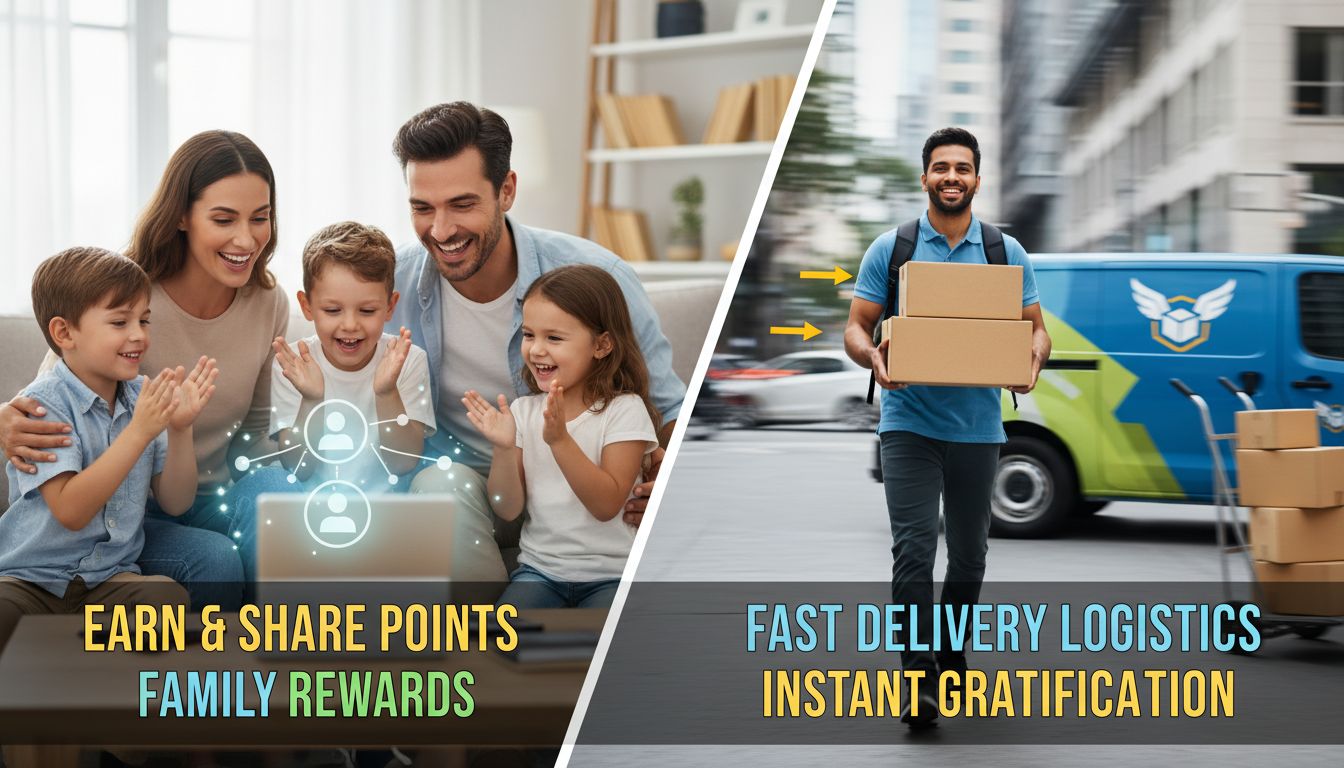 가족과 포인트 적립을 공유하는 모습과 빠른 배송 서비스를 받는 모습 대비 이미지