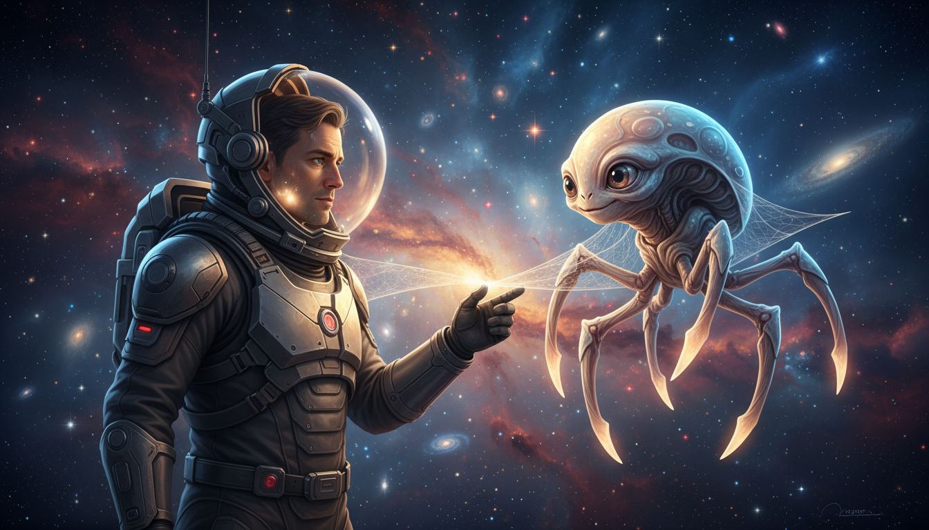 라일랜드 그레이스와 외계인 로키의 우주 공간에서 우정과 협력을 상징하는 모습
