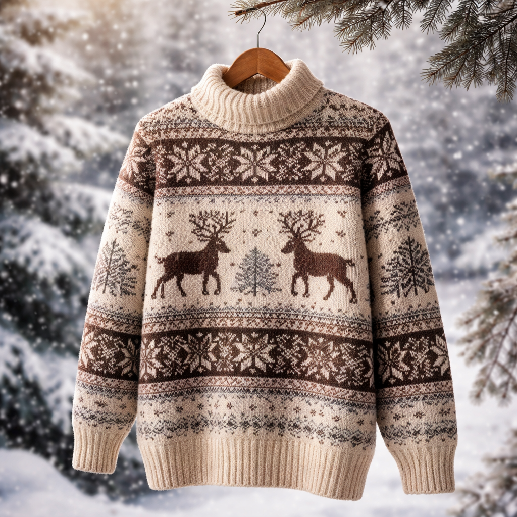 눈송이와 순록 무늬가 어우러진 노르딕 니트가 겨울 숲 배경에 걸려 있는 모습