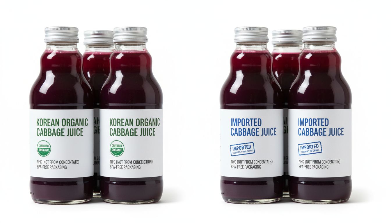 유기농 인증, 원산지 구분(국산과 수입), NFC 추출 방식, BPA 프리 포장재 등 주요 선택 기준이 명확히 표시된 양배추즙 제품 비교 이미지