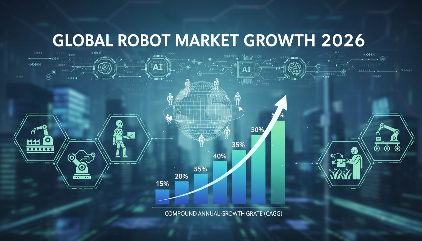 2026년 글로벌 로봇 시장의 급성장과 산업용 및 서비스용 로봇, AI 융합을 시각화한 인포그래픽 이미지