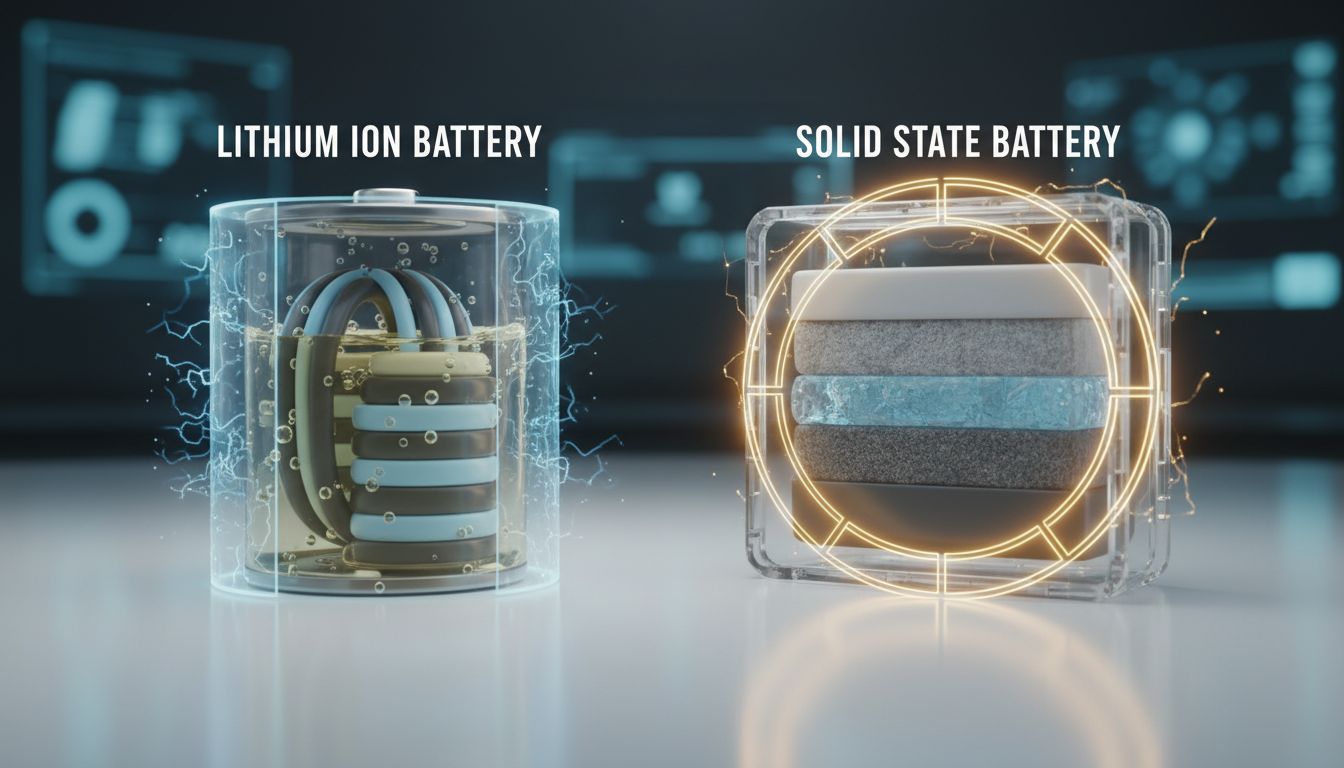 리튬이온 배터리와 전고체 배터리의 구조적 차이와 안전성 혁신을 나타내는 고화질 실사 이미지