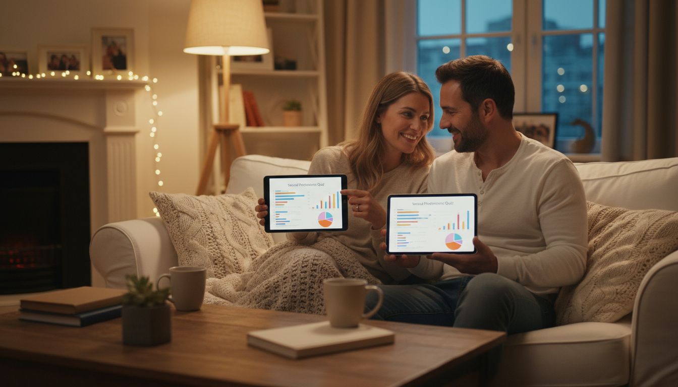커플이 함께 성적 취향 테스트 결과를 공유하며 신뢰와 소통을 나누는 따뜻한 모습