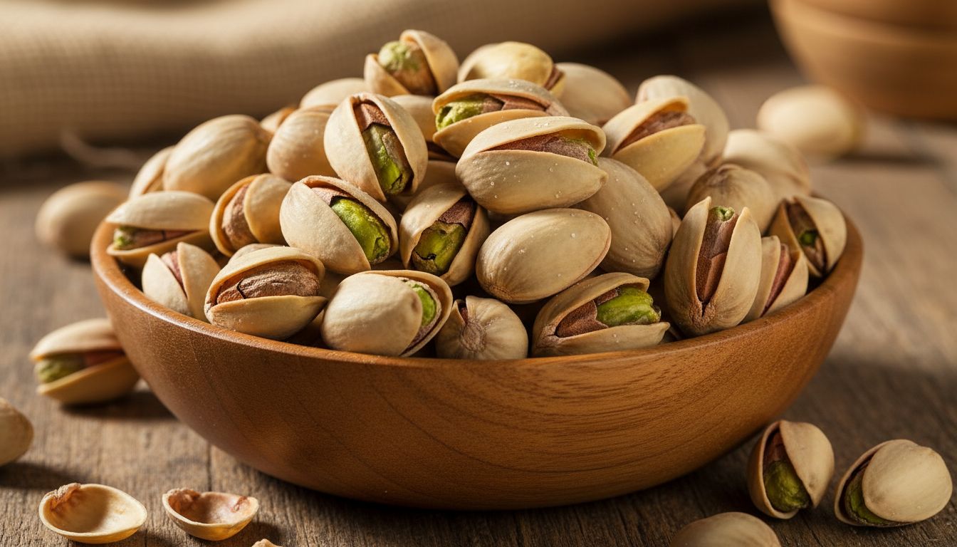 갓 로스팅된 선명한 녹색 피스타치오가 나무 그릇에 담겨 신선함과 고급스러움을 표현한 사진