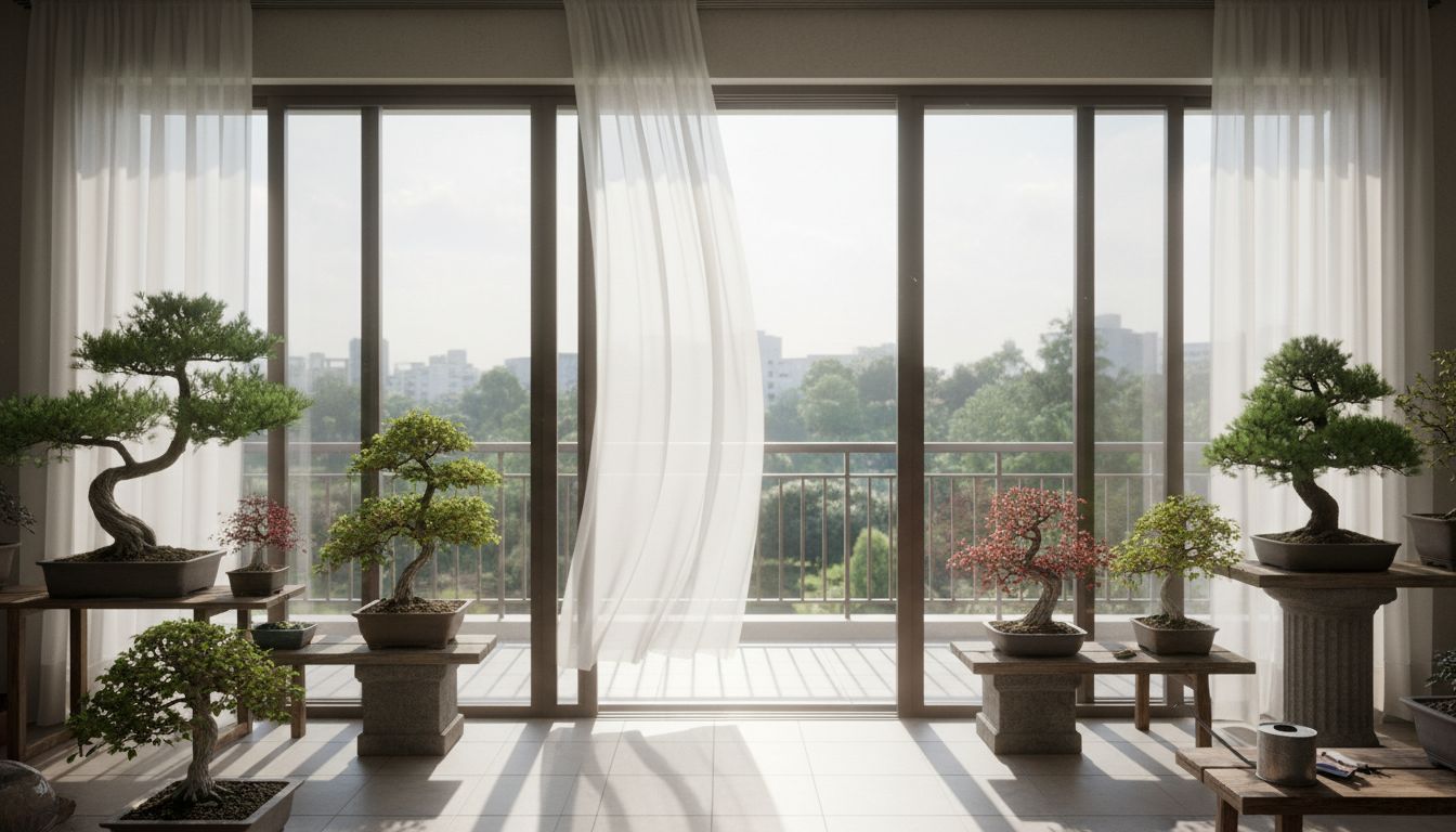 충분한 햇빛과 통풍이 이루어지는 베란다에 놓인 건강한 분재의 모습