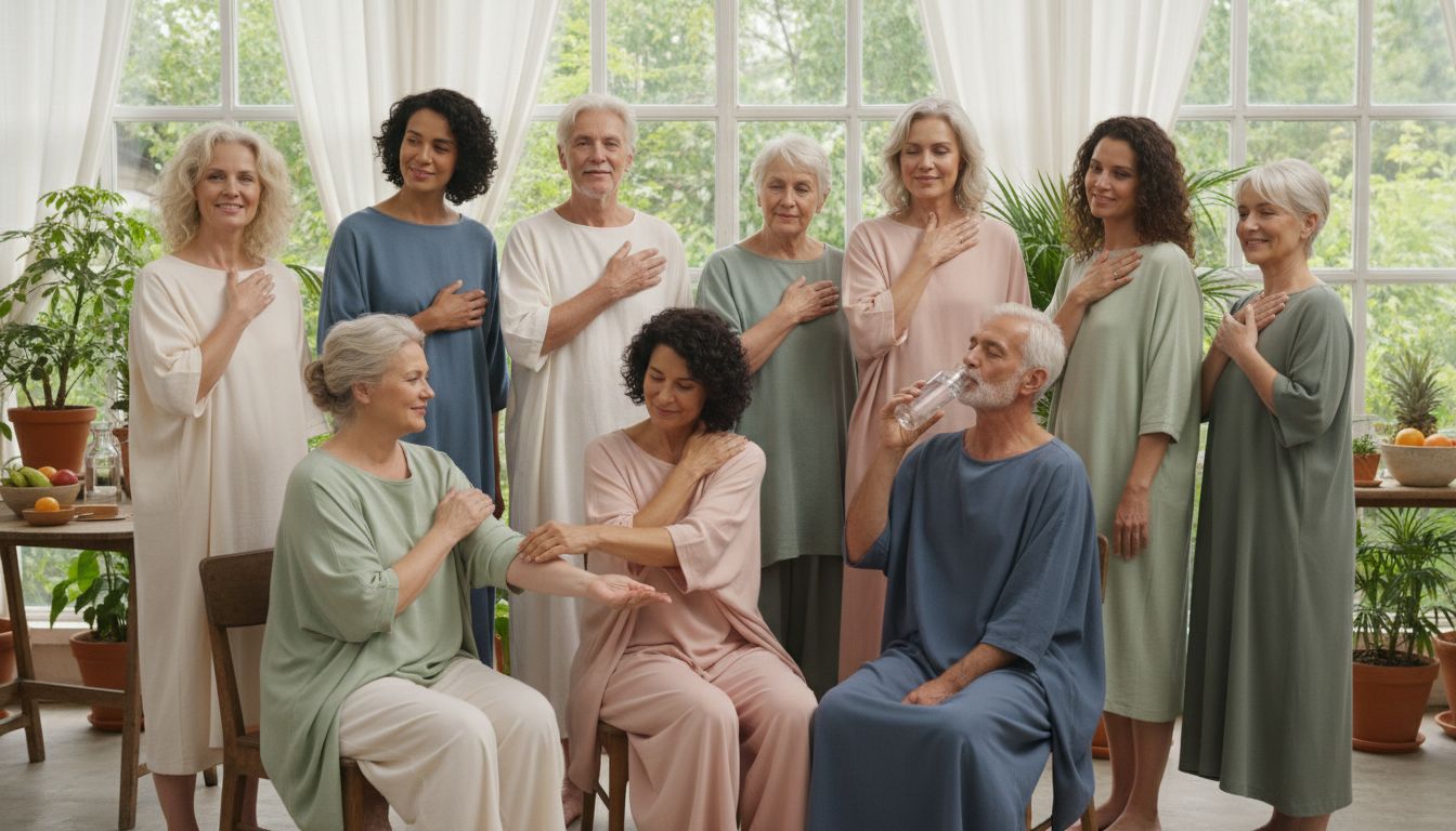 피부 마찰을 최소화하는 부드럽고 헐렁한 옷을 입은 다양한 체형과 연령의 사람들 모습