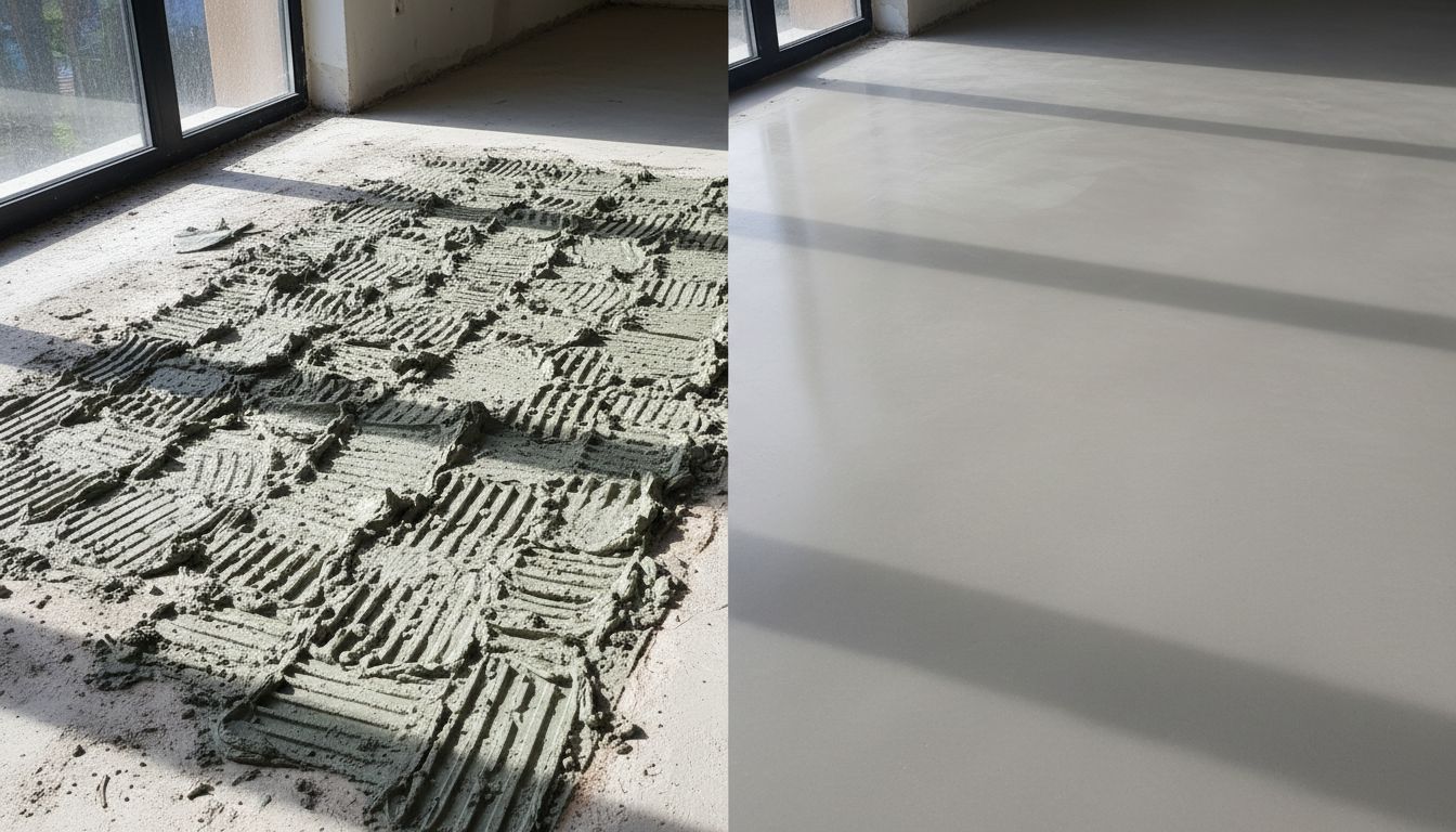 두꺼운 타일 본드 잔여물이 남아 울퉁불퉁한 바닥과 완벽하게 평탄하게 청소된 바닥의 전후 비교 이미지