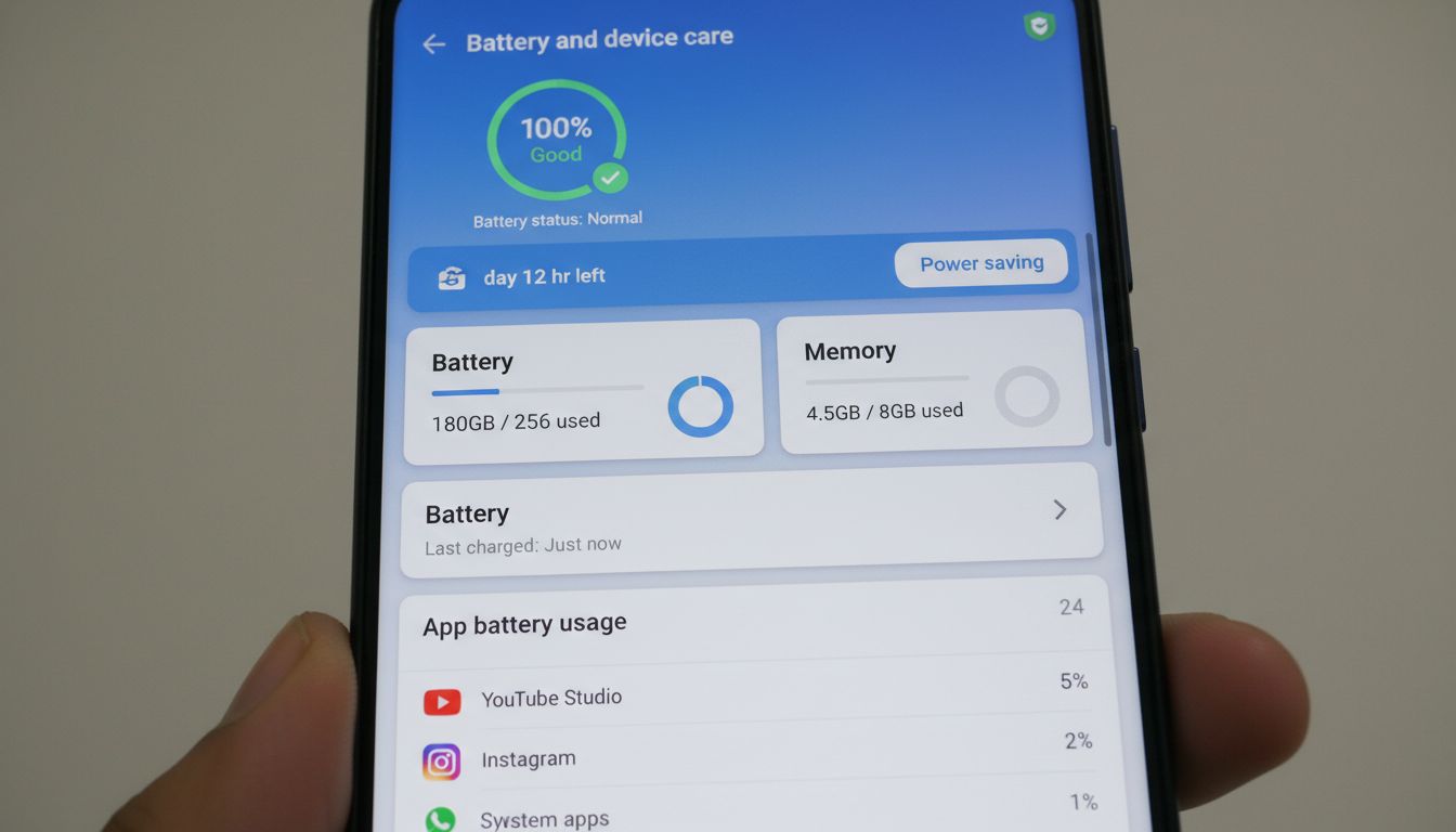 갤럭시 스마트폰에서 배터리 상태 진단과 앱별 배터리 사용량을 확인하는 화면