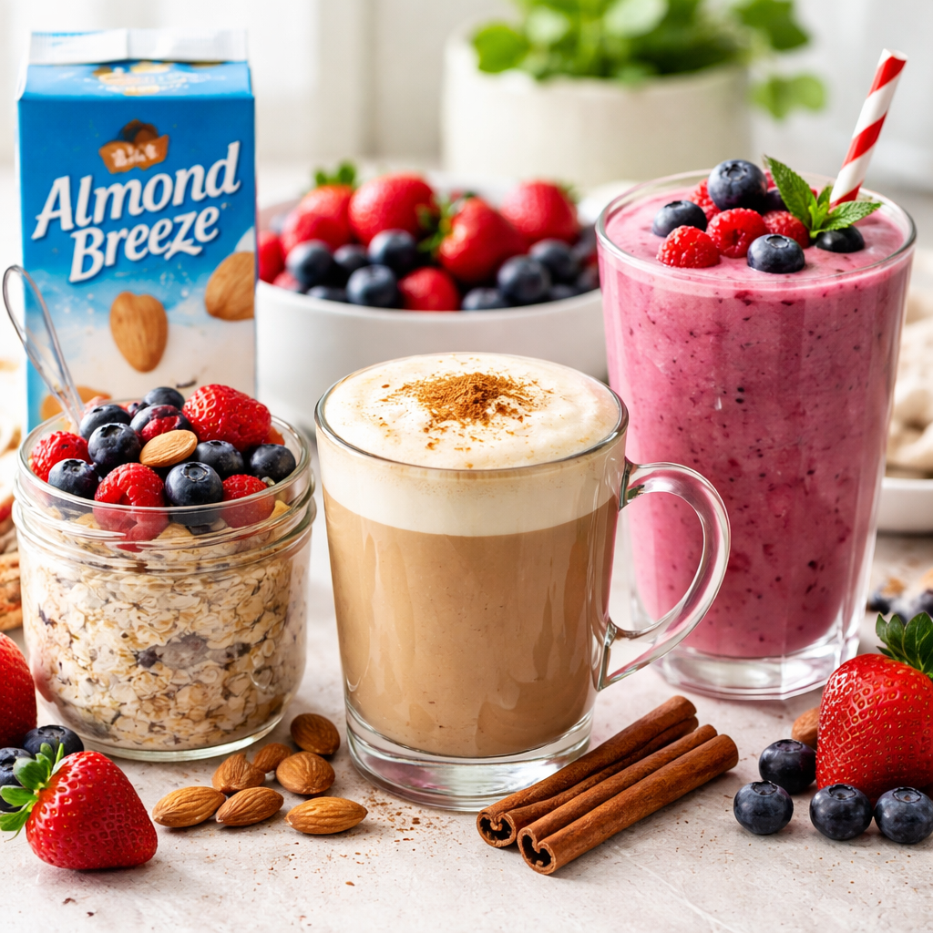 오버나이트 오트밀, 아몬드브리즈 라떼, 베리 스무디 세 가지 건강한 아몬드브리즈 레시피를 한 이미지에 보여주는 모습