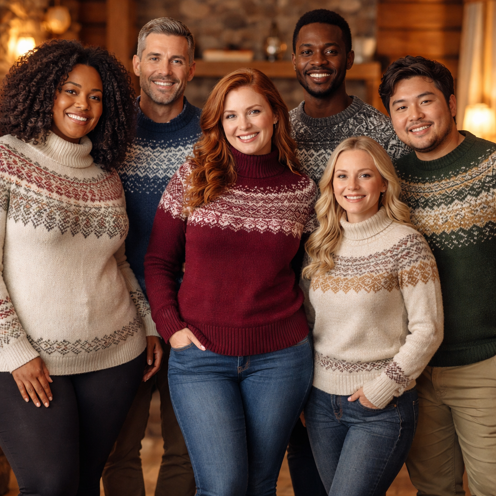 체형별로 어울리는 노르딕 니트를 입은 다양한 사람들의 고화질 실사 이미지