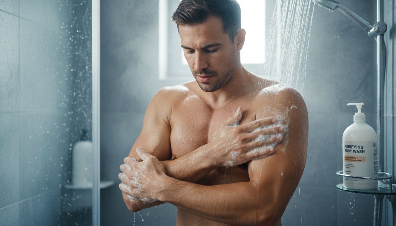 살리실산과 티트리 성분이 함유된 전용 바디워시를 사용하는 남성의 샤워 모습
