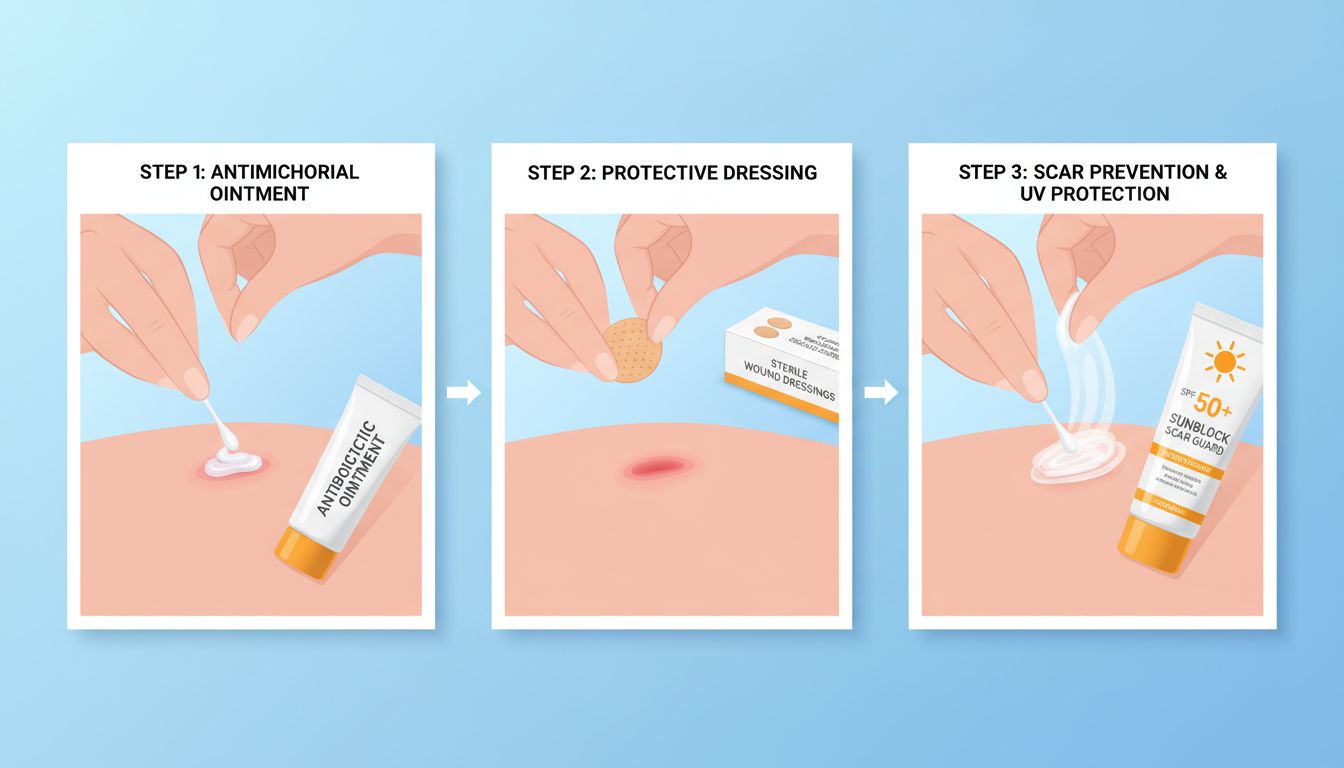 쥐젖 제거 후 항생제 연고 바르고 재생 테이프를 붙이고 자외선 차단제를 사용하는 올바른 상처 관리 과정을 보여주는 일러스트레이션