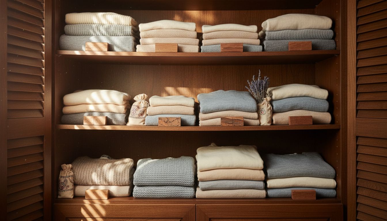 서늘하고 통풍이 잘 되는 어두운 옷장에서 삼나무 블록과 라벤더 사셰와 함께 접혀 보관된 캐시미어 스웨터