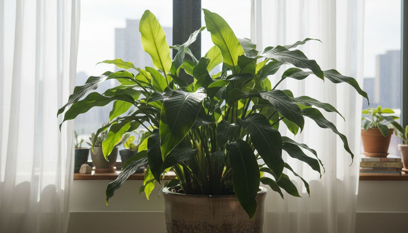 커튼이 쳐진 남향 창가에 밝은 간접광을 받으며 건강하게 자라는 열대 실내 식물의 모습
