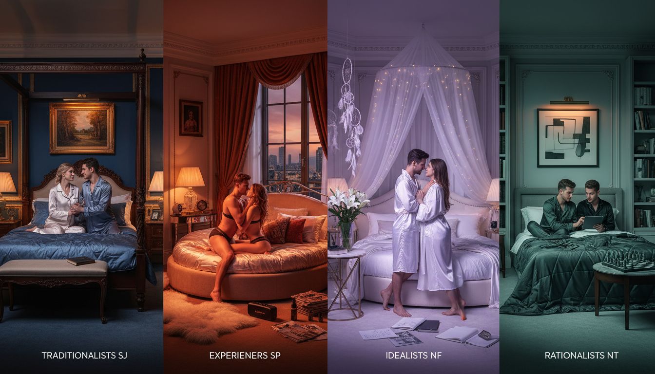 16가지 MBTI 기질 그룹별 성적 성향 특징을 나타내는 침실을 배경으로 한 이미지