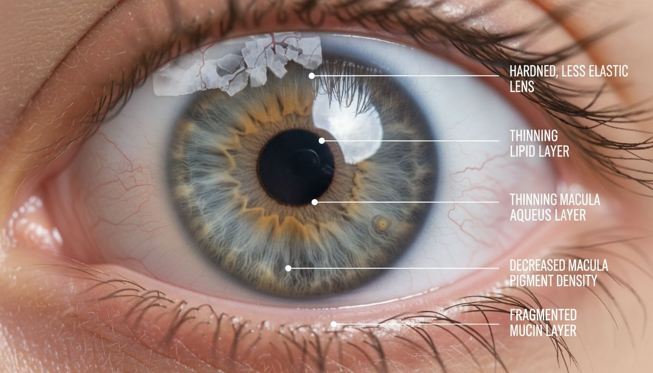 눈의 노화로 인한 수정체 탄력 저하, 황반 색소 밀도 감소, 눈물층 감소를 보여주는 눈 해부학 세부 이미지