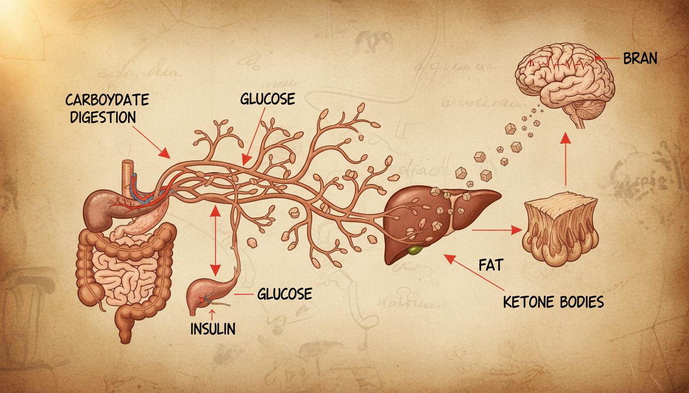 인체 대사 과정을 보여주는 상세한 해부학적 일러스트, 탄수화물이 포도당으로 변환되고 인슐린 분비, 지방이 케톤체로 변환되어 뇌 에너지원으로 사용되는 모습