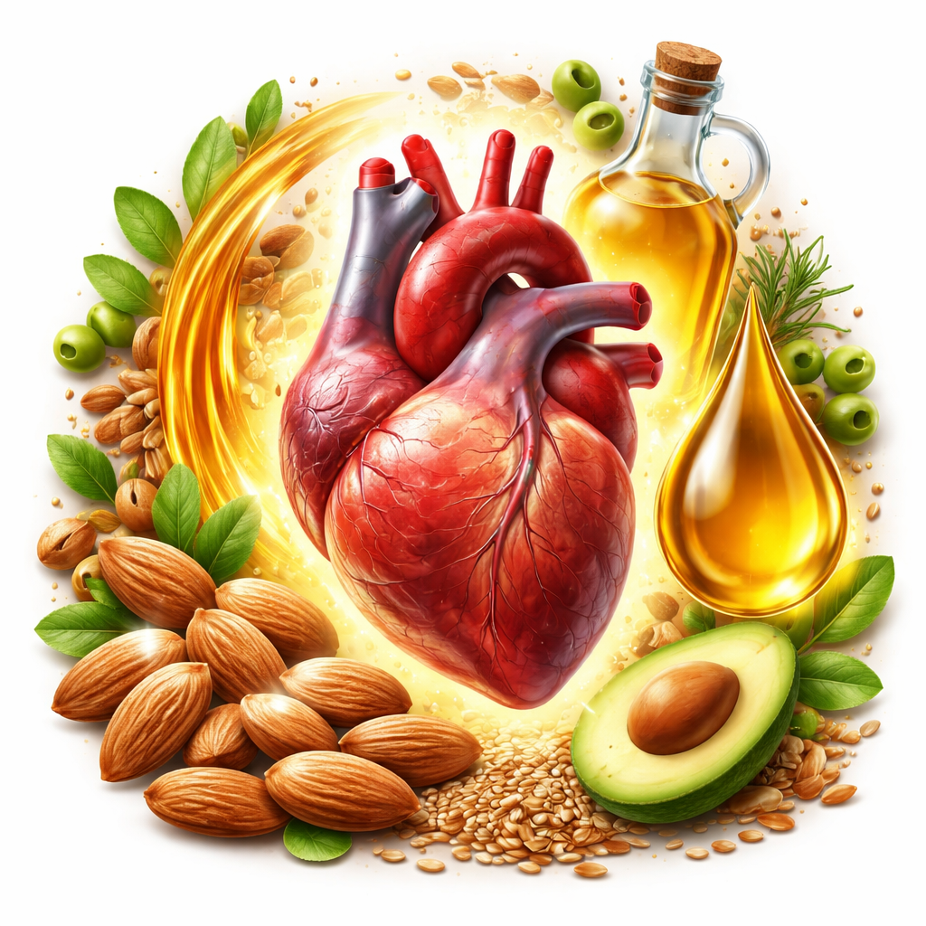 단일불포화지방이 심장 건강에 좋은 영향을 주는 것을 상징하는 심장과 아몬드, 기름 방울 이미지