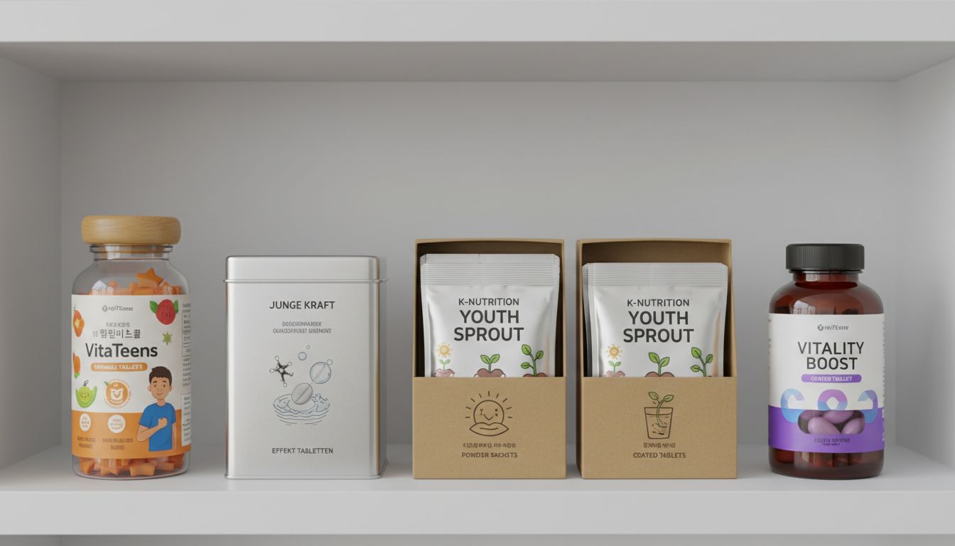 국내외 대표 청소년 멀티비타민 4종 제품을 나란히 진열하여 포장 형태와 브랜드 특징을 보여주는 이미지