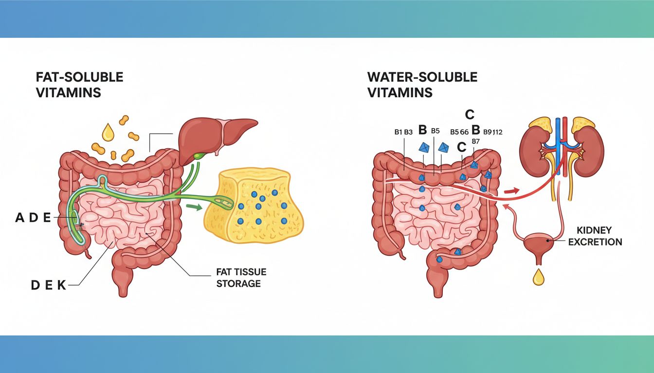지용성 비타민과 수용성 비타민의 체내 흡수 및 저장 과정을 비교하는 인포그래픽 이미지