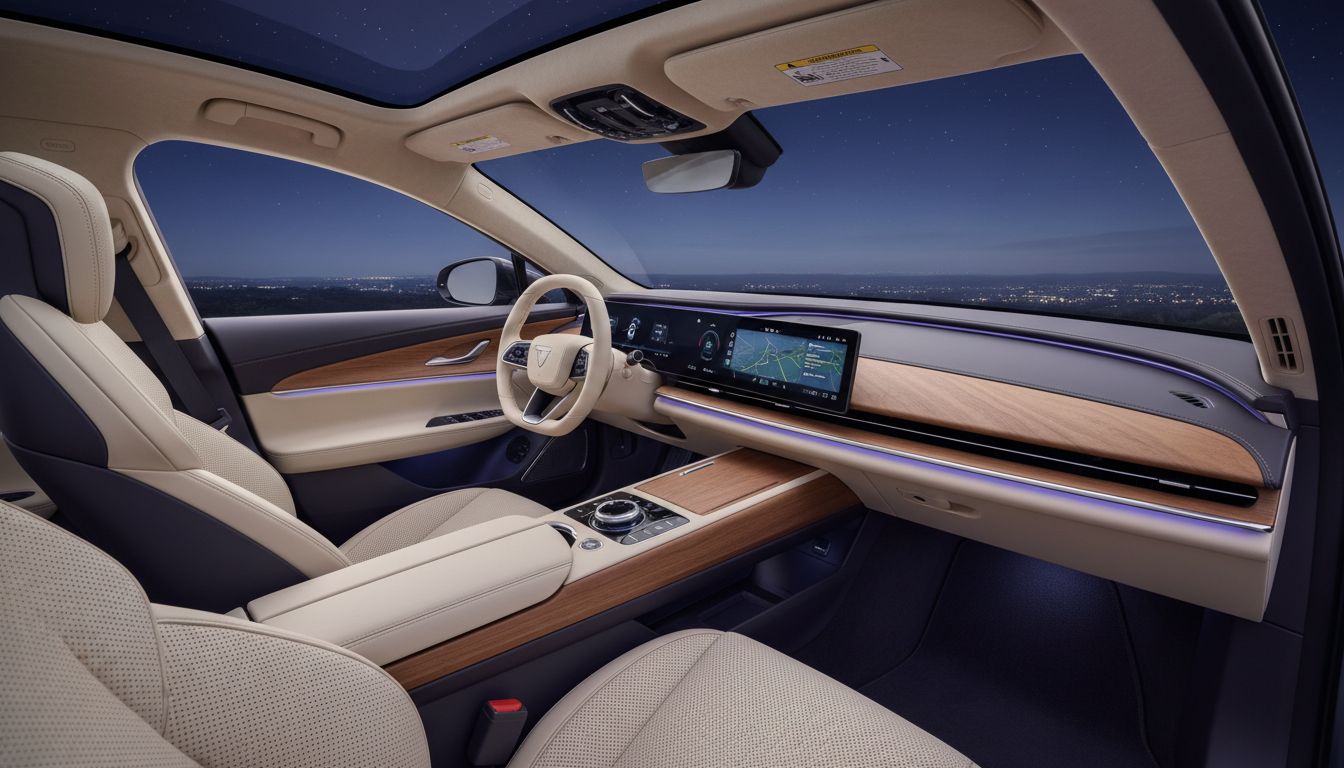 루시드 에어의 다양한 고급 인테리어 테마와 글래스 캐노피 옵션을 보여주는 실내 이미지