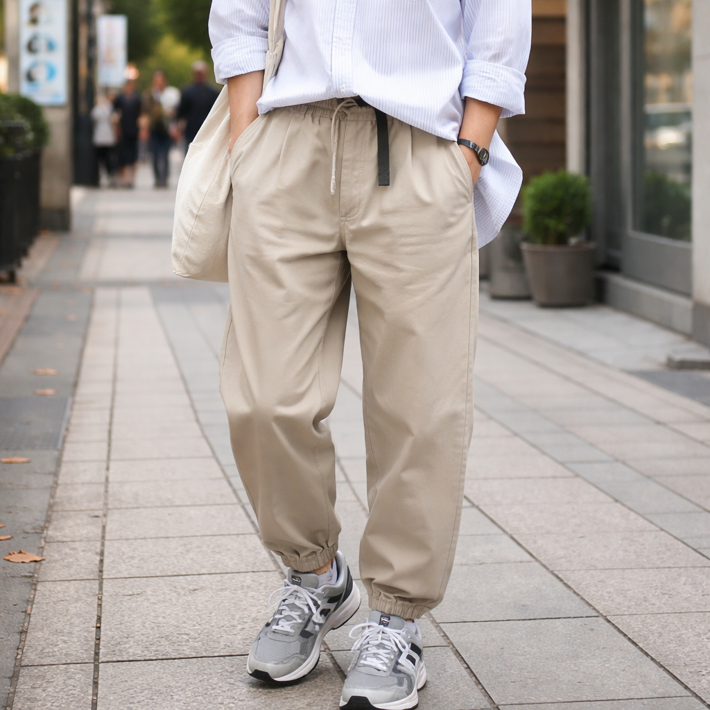 캐주얼 시티보이 룩으로 연출된 베이지색 루즈 테이퍼드 그라미치 팬츠 코디 이미지