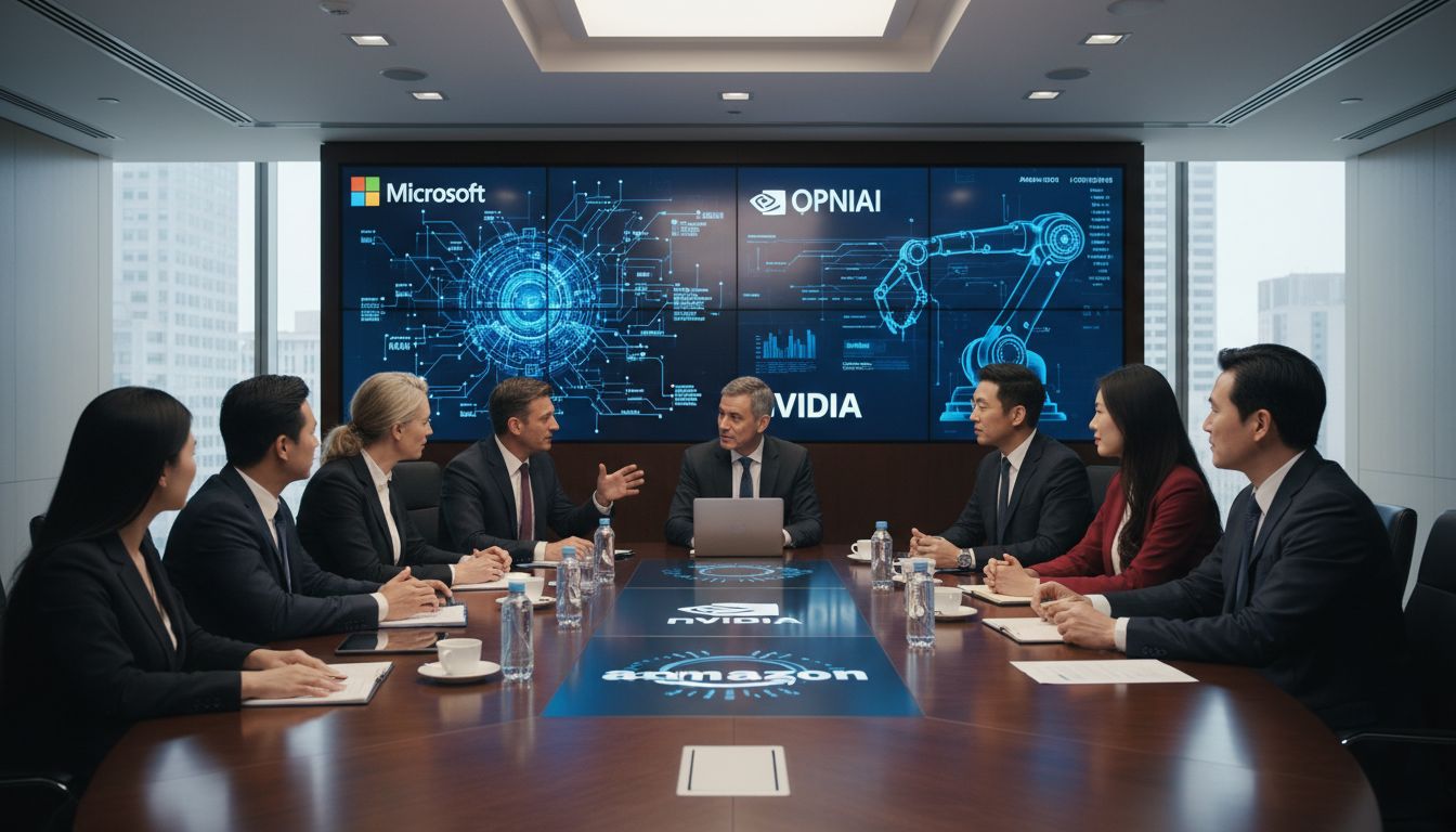 마이크로소프트, OpenAI, 엔비디아, 아마존 등과 협력하는 전략적 파트너십 회의 장면