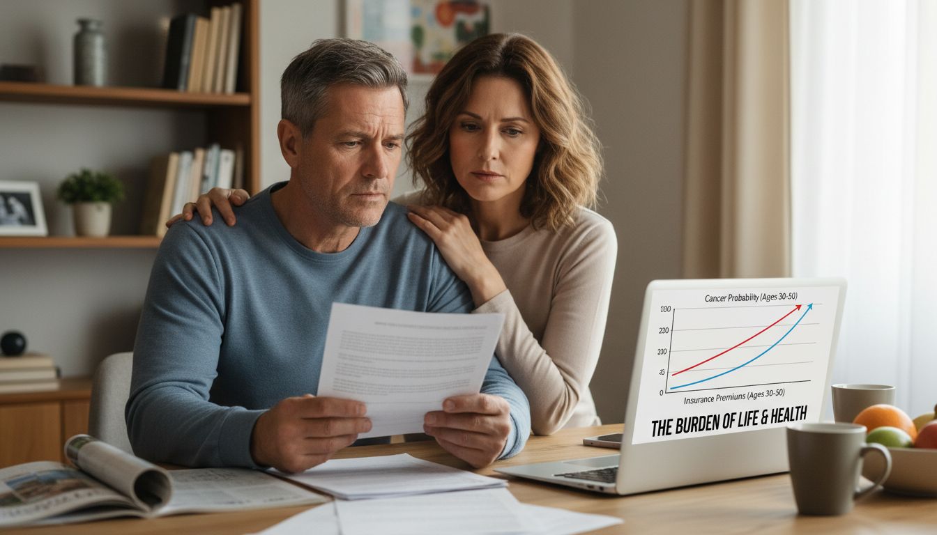 30~40대 부부가 집에서 암 확률과 보험료에 대해 걱정하며 보험 서류를 보는 모습