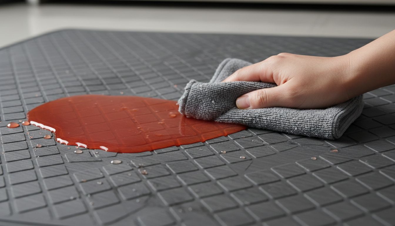 음료를 흘린 TPU 매트를 물걸레로 쉽게 닦아내는 모습