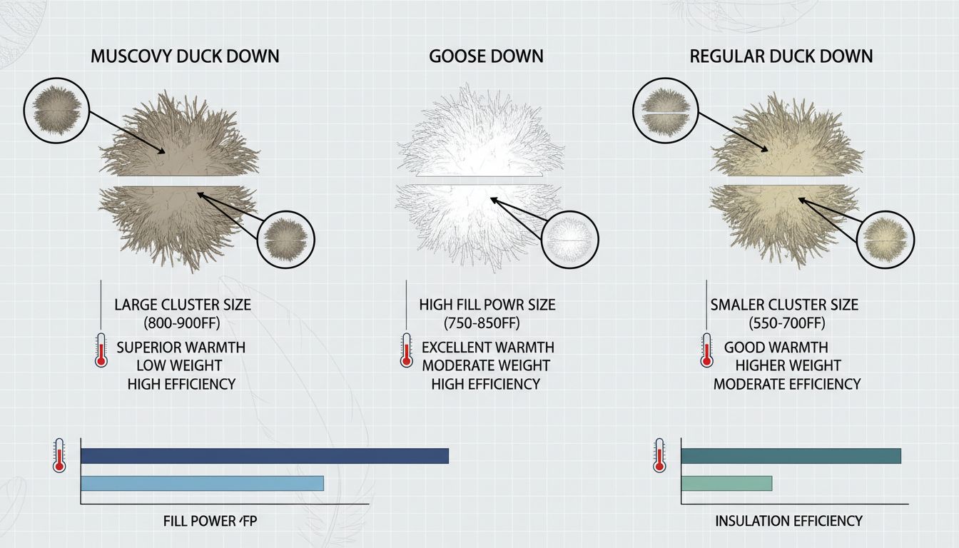 머스코비 다운, 구스다운, 일반 덕다운의 필파워와 보온력 비교를 보여주는 상세한 기술적 일러스트