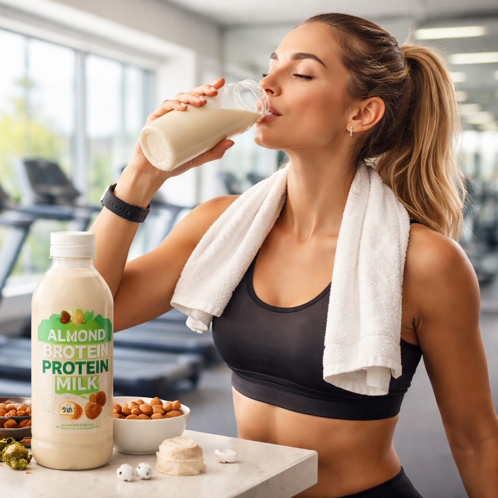 밝고 현대적인 헬스장 배경에서 운동 후 크리미한 아몬드 프로틴 밀크를 마시는 운동하는 사람의 모습