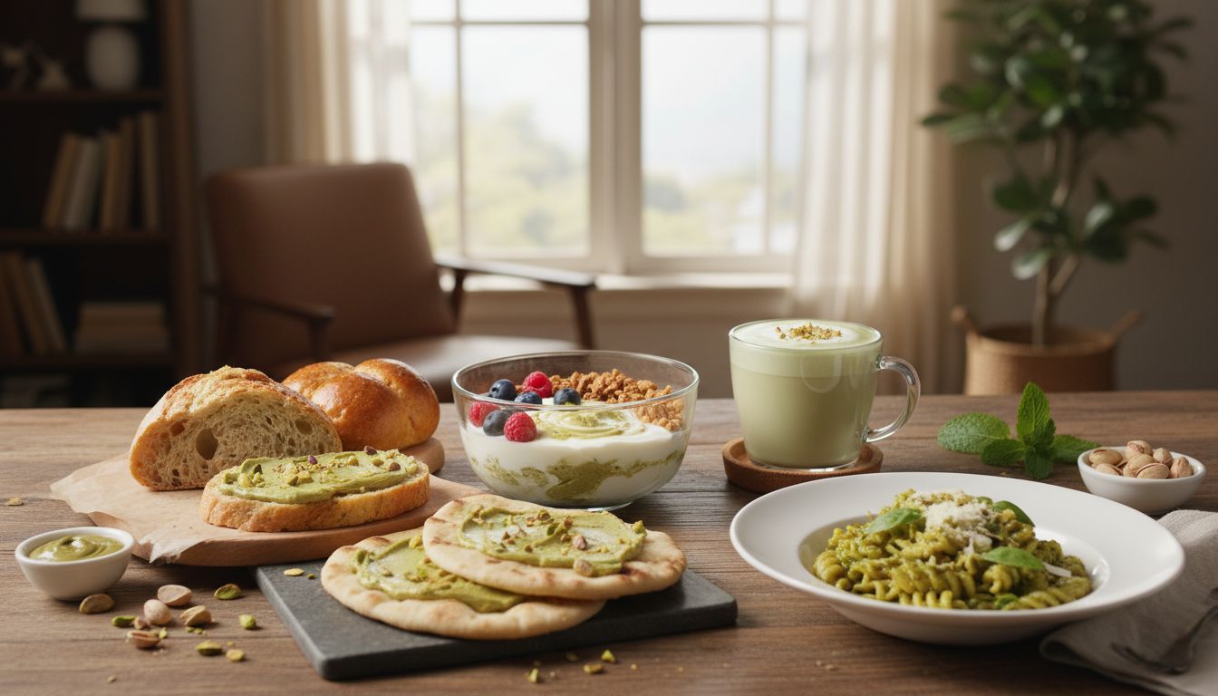 다양한 빵과 요거트, 피스타치오 크림 라떼, 피스타치오 파스타를 포함한 홈카페 스타일의 미식 테이블