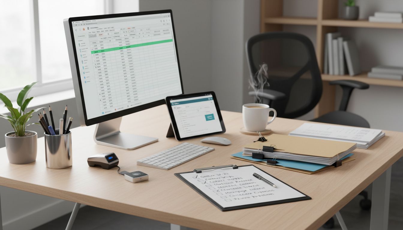 연말정산 준비물 체크리스트가 놓인 깔끔하게 정리된 책상 풍경