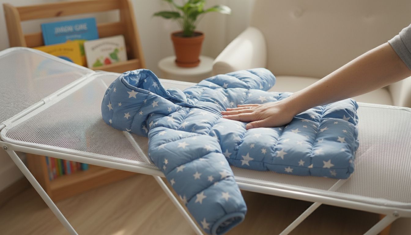 직사광선을 피한 실내 건조대 위에 펼쳐진 유아 패딩을 손으로 두드려 볼륨을 살리는 모습