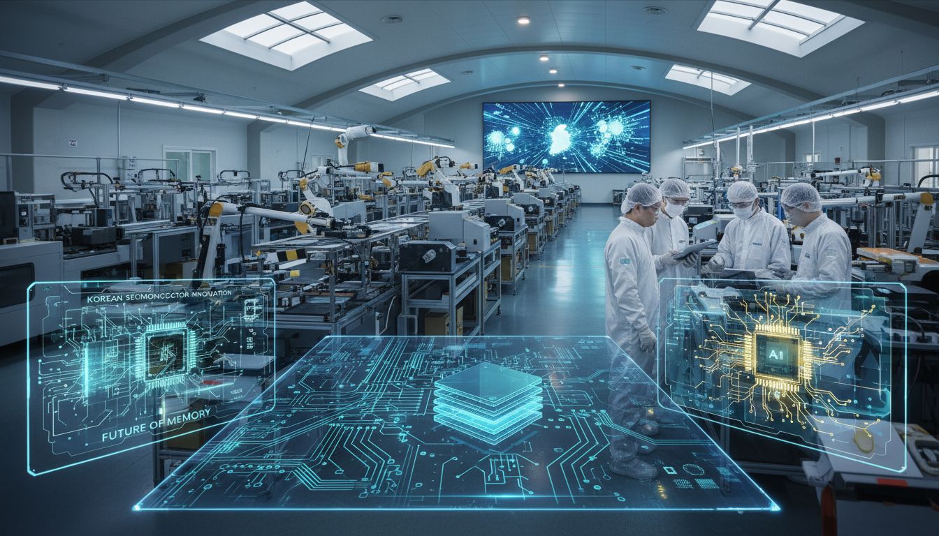 국내 반도체 산업 현장과 고대역폭 메모리 생산 라인, 엔지니어가 AI 칩 설계를 점검하는 모습